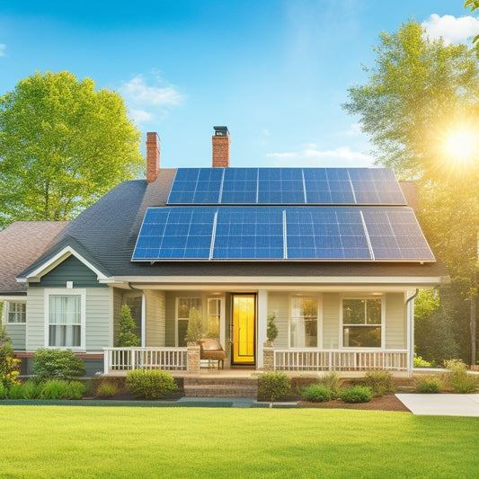 A sunny suburban home with solar panels on the roof, surrounded by icons of various expenses: a hammer for installation, a dollar sign for costs, a clipboard for permits, and a calculator for calculations.