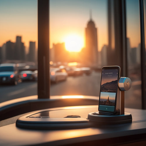 A dashboard with a sleek, black smartphone mounted on a sturdy, adjustable holder, surrounded by a blurred cityscape through the windshield, with a hint of sunlight casting a warm glow.