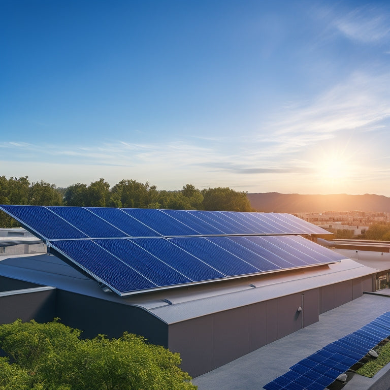 A serene residential rooftop with three rows of sleek, black solar panels, accompanied by a compact, silver battery storage unit, set against a bright blue sky with a few wispy clouds.