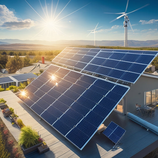 An illustration featuring a large, gleaming solar panel installation on a residential rooftop, with smaller icons and symbols representing various expenses (e.g. dollar signs, tools, wiring) orbiting around it.