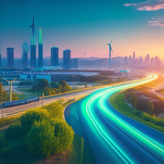 A futuristic cityscape with sleek, electric self-driving cars zooming by, their LED lights illuminating a bright green highway lined with wind turbines, solar panels, and lush greenery.