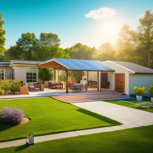 A serene, sunny backyard with a modern home, featuring three different solar panel system designs: a rooftop installation, a ground-mounted array, and a pergola-integrated setup.