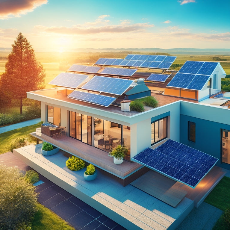 A stylized illustration of a modern home's rooftop with 7 distinct solar panels, each with unique design elements, arranged in a harmonious layout, surrounded by subtle rays of sunlight and a bright blue sky.