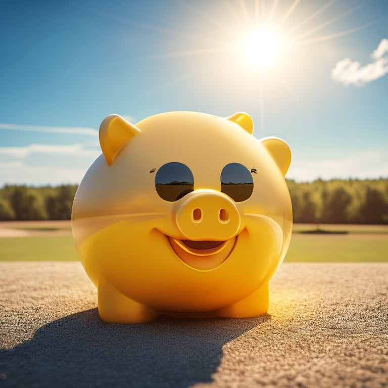 A bright yellow piggy bank with a smiling sun face, surrounded by solar panels and a subtle background of a sunny day with fluffy white clouds.