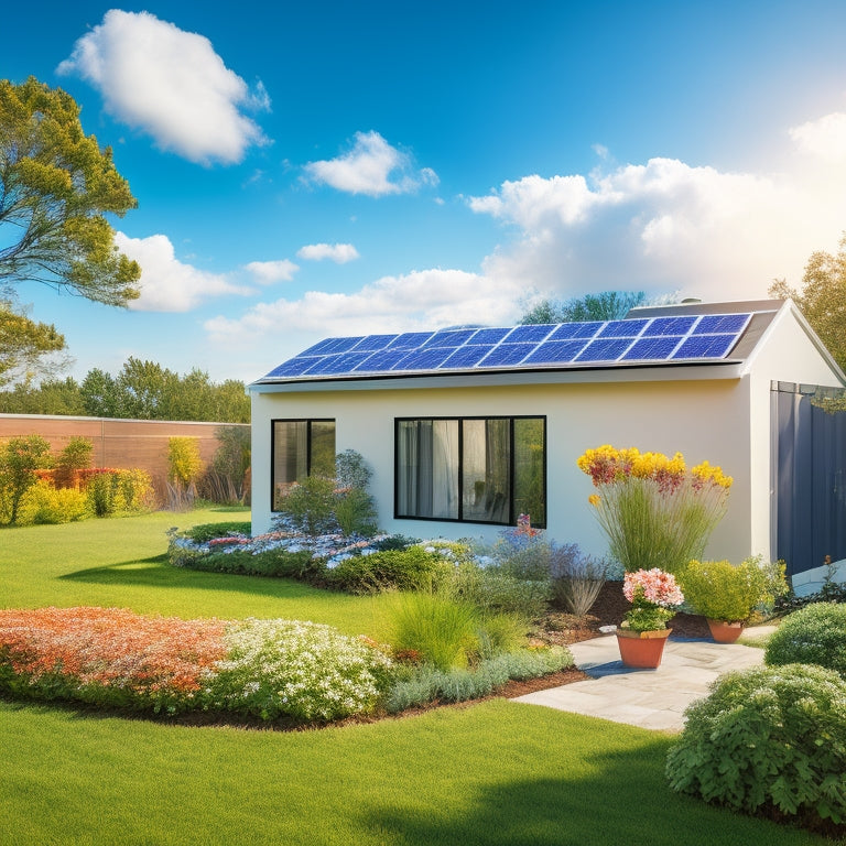 A serene backyard scene with a modern home, solar panels on the roof, and a sleek storage battery unit beside a blooming garden, under a bright blue sky with a few white, puffy clouds.