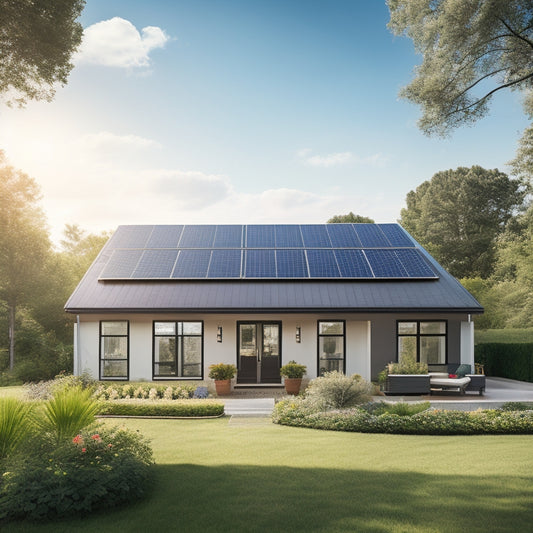 A serene suburban home with a sleek, black solar panel array on the roof, surrounded by lush greenery, with a few fluffy white clouds in a bright blue sky.