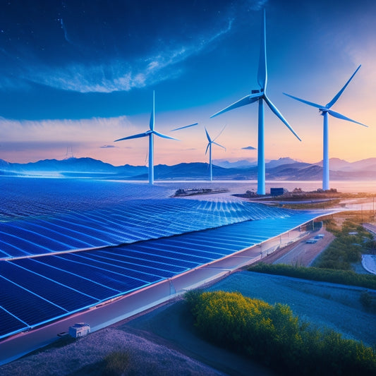 A futuristic landscape with sleek, modern wind turbines and solar panels in the background, surrounded by holographic data visualizations and glowing blue circuitry patterns.