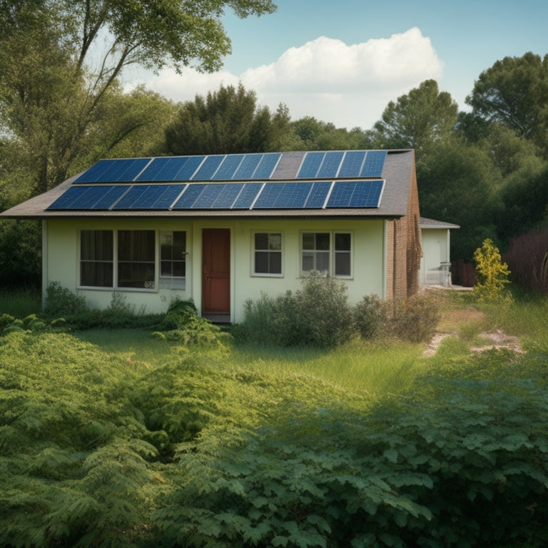 A neglected solar panel system with dirty panels, loose connections, and overgrown vegetation, set against a backdrop of a once-pristine suburban home with a worn, faded roof.