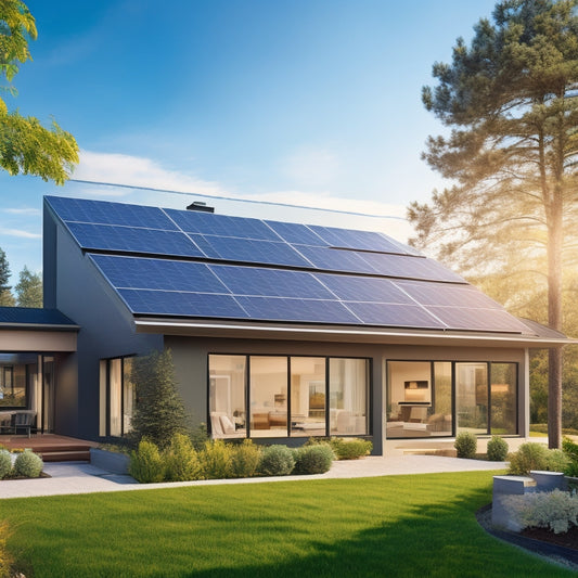 A sunny suburban home with a sleek, modern roof, covered in a grid of 12-15 black solar panels, angled for optimal energy absorption, with a few trees and a bright blue sky in the background.