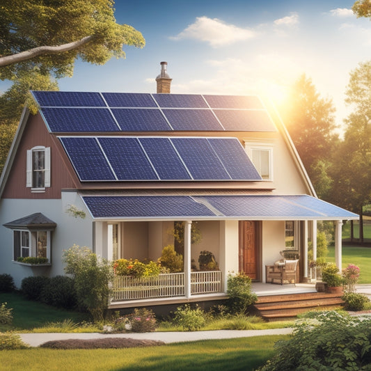 An illustration of a sunny day with a house in the center, solar panels on the roof, and a subtle glow around the panels, with electricity flowing into the house through wires and powering various appliances.