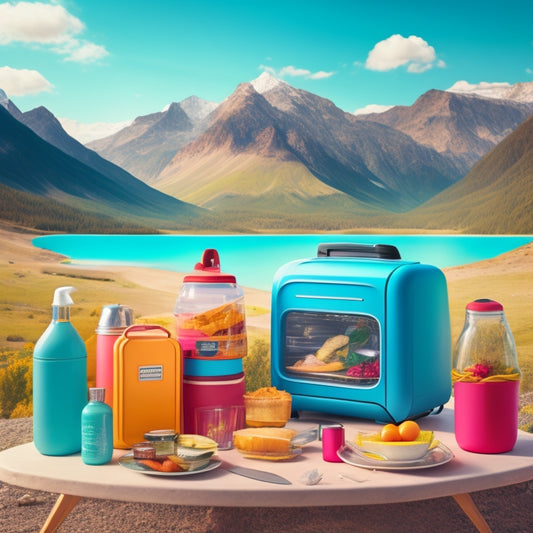 A colorful illustration of a solar-powered car fridge, surrounded by various accessories like cooling bags, thermoses, and utensils, set against a scenic outdoor background with mountains and trees.