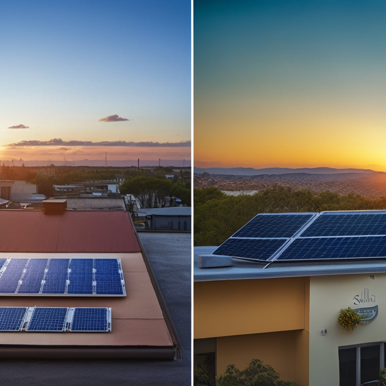 A split-screen image featuring a rooftop with solar panels on one side and a conventional electricity meter on the other, with contrasting bright and dim lighting, and varying meter speeds.