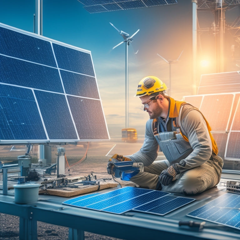 A futuristic illustration of a person in a workshop, surrounded by tools and diagrams, assembling a solar panel with photovoltaic cells, wires, and a metal frame, amidst a backdrop of renewable energy icons.