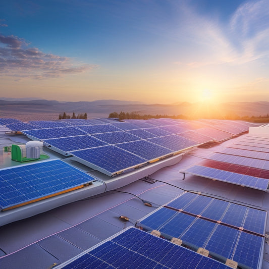 A futuristic illustration of a rooftop solar panel array with various inverter types (string, micro, power optimizer, hybrid) depicted as distinct, colorful modules with connecting wires and circuitry.