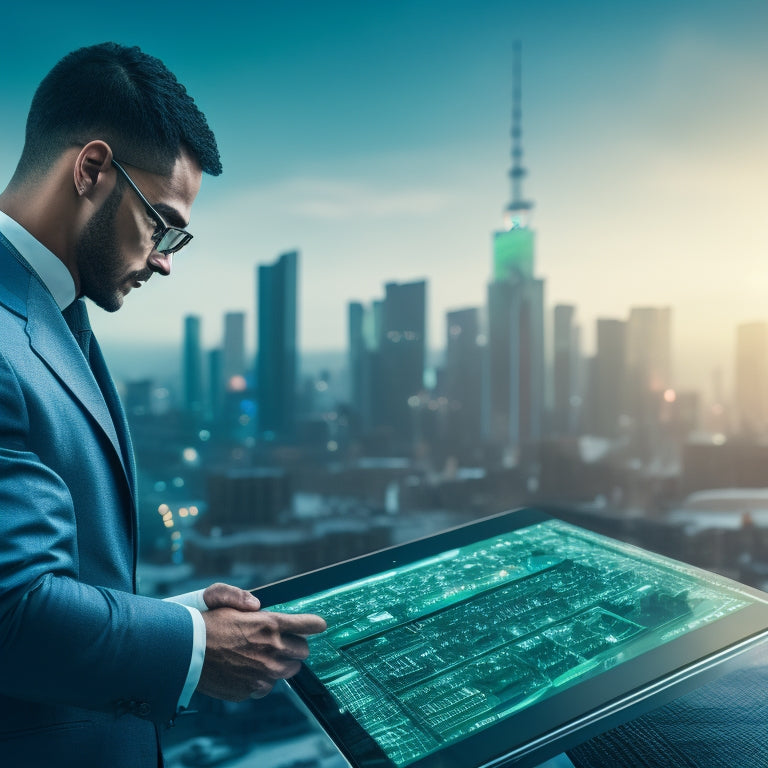 An illustration of a person holding a tablet with a checklist, standing in front of a cityscape with buildings and factories, surrounded by icons of gears, charts, and coins, with a subtle green glow.