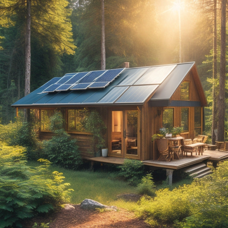 A serene off-grid cabin surrounded by lush greenery, with a sleek solar panel array on the roof, and a few batteries visible through a large window, amidst a scattering of tools and wiring.