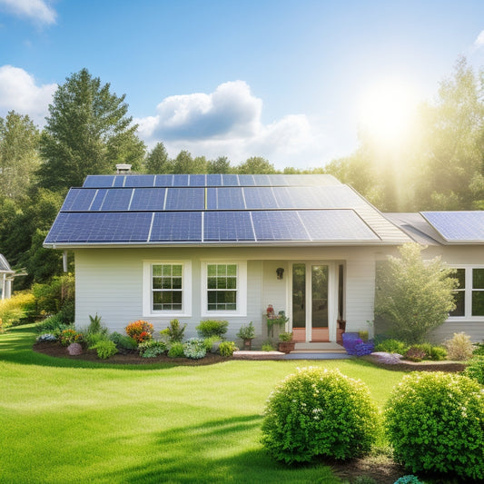 A serene suburban home with solar panels installed on the roof, surrounded by lush greenery, with a bright blue sky and a few fluffy white clouds, conveying eco-friendliness and energy efficiency.