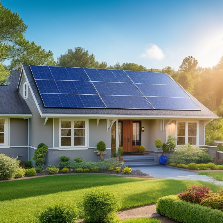 A serene suburban home with a sloping roof, partially covered in five different types of solar panels, each with distinct design and color, surrounded by lush greenery and a clear blue sky.