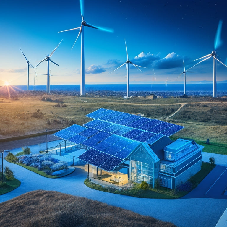 An illustration featuring a blueprint-style background with various energy system components, such as solar panels, wind turbines, and batteries, interconnected and glowing with soft blue lights.