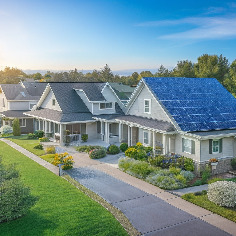 A serene suburban neighborhood with various houses featuring different solar panel installations, showcasing diverse panel sizes, angles, and roof types, set against a bright blue sky with fluffy white clouds.