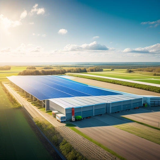 A serene, sunlit warehouse with rows of shelves and a translucent roof, surrounded by wind turbines and solar panels, amidst a lush green landscape with a subtle, gradient blue sky.