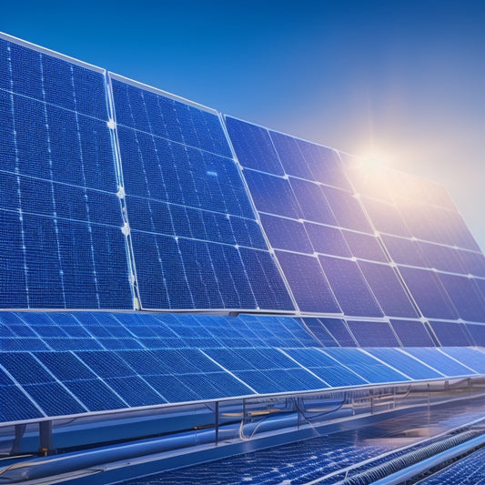 A futuristic illustration of a solar panel array connected to an inverter, with glowing blue circuitry and wires, surrounded by a subtle aura of sunlight, amidst a clean and minimalist background.