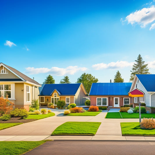 A serene residential street with 5-7 houses, each with a unique solar panel installation, showcasing different roof types, angles, and panel arrangements, set against a bright blue sky with a few white clouds.