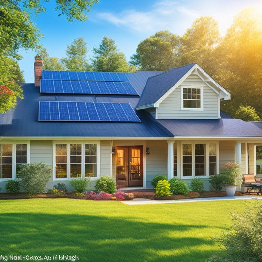 A serene suburban home with a mix of sunny and shaded roof sections, featuring a partially installed solar panel array, with a few loose panels and tools scattered around.