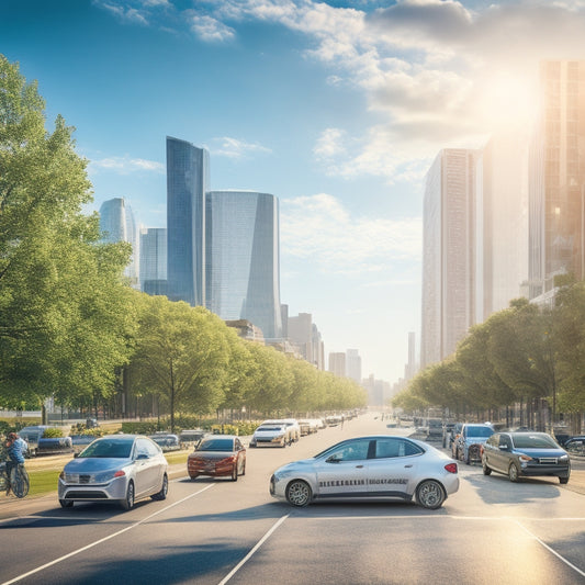 An illustration of a bustling cityscape with fewer cars, clear roads, and electric vehicles (EVs) moving smoothly, amidst a backdrop of greenery and a bright blue sky with fluffy white clouds.