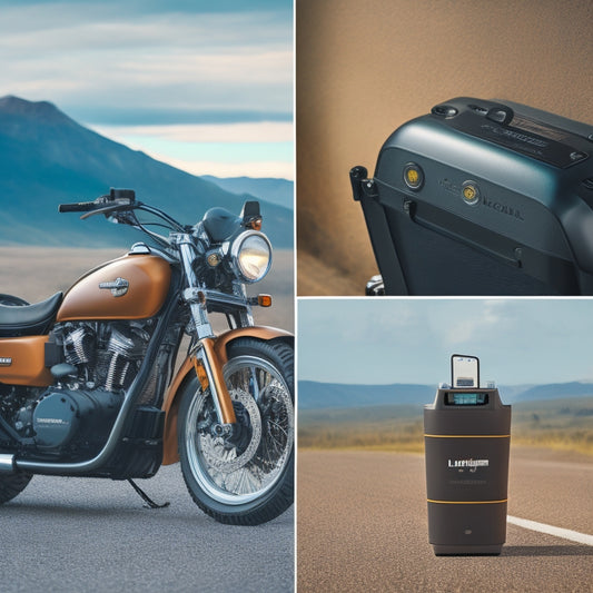 A split-screen illustration showcasing a sleek, modern motorcycle with a prominent lithium-ion battery pack in the foreground, alongside a vintage motorcycle with a bulky lead-acid battery in the background.