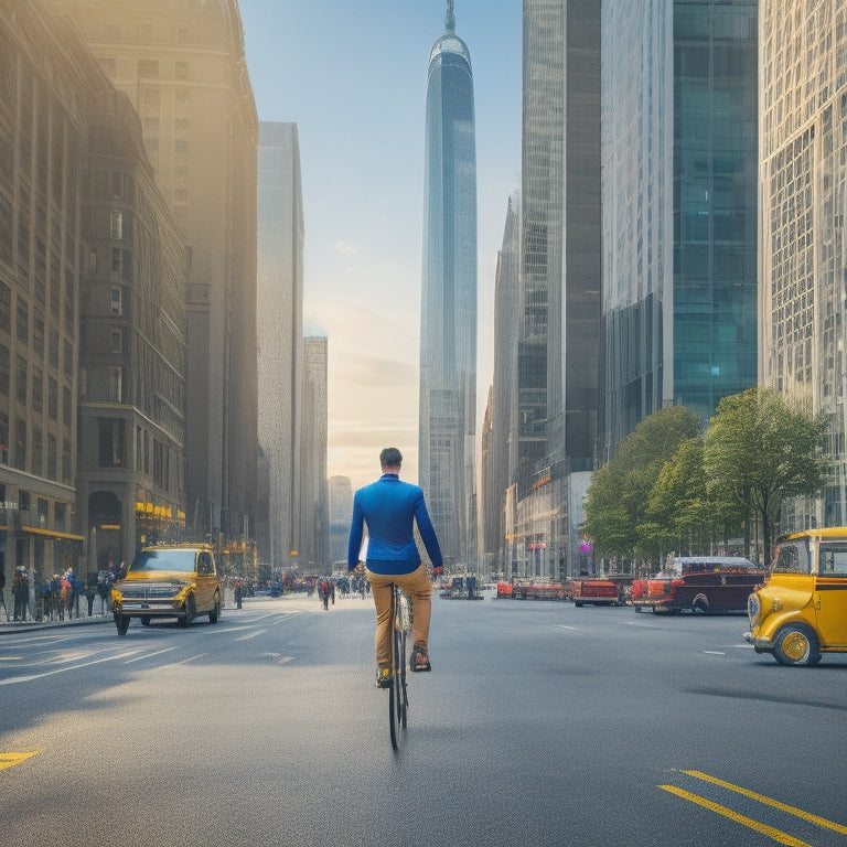 A vibrant cityscape with a unicycle in the foreground, navigating through a bustling street with blurred pedestrians, buses, and cars, surrounded by tall skyscrapers and green urban spaces.