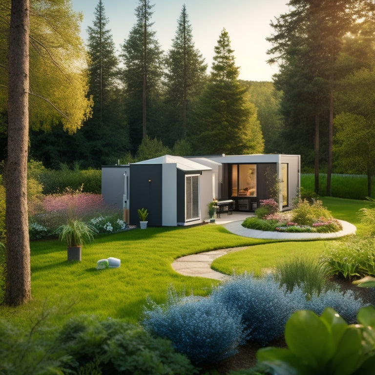 A serene, modern, eco-friendly backyard with a small, sleek wind turbine, a compact solar panel array, a tiny hydroelectric generator, a biofuel converter, and a geothermal heat pump, surrounded by lush greenery.