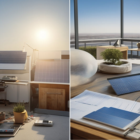 A split-screen image featuring a sunny rooftop with perfectly installed solar panels on one side, and a cluttered, dimly lit office with scattered papers and broken calculators on the other.