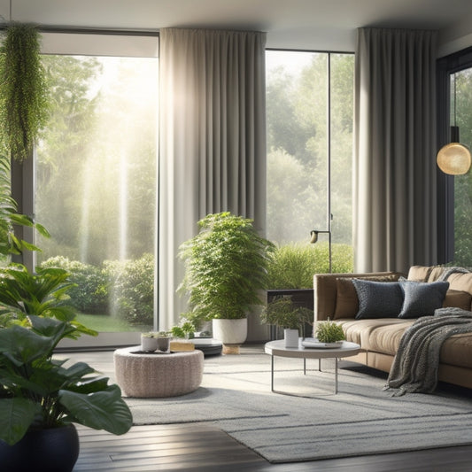 A serene, modern living room with a large window, automated curtains, and a smart thermostat, surrounded by lush greenery, with a subtle glow of solar panels on the roof outside.