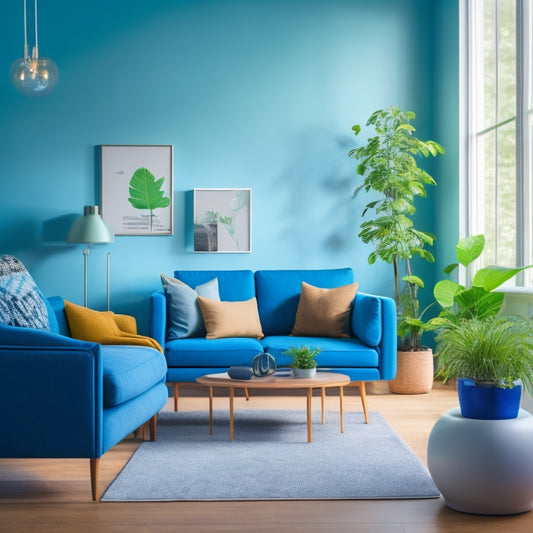 A serene, modern living room with a smart thermostat, energy-efficient LED bulbs, and a power strip with built-in timer, surrounded by lush greenery and a subtle, gradient blue background.