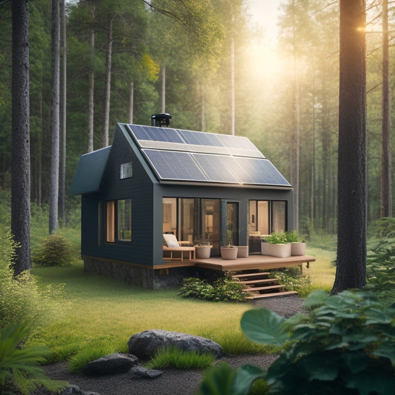 A serene off-grid cabin surrounded by lush greenery, with a solar panel array on the roof and a sleek, modern battery storage system visible through a large window.