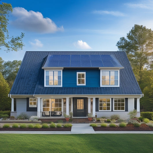 A serene suburban home with a mix of dark and light gray roof tiles, adorned with a series of sleek, black-framed solar panels, set against a bright blue sky with a few wispy clouds.