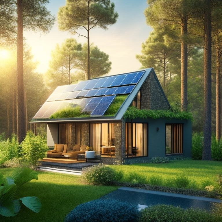 An illustration of a modern, eco-friendly home with solar panels on the roof, surrounded by lush greenery, with a subtle glow effect to represent energy efficiency.