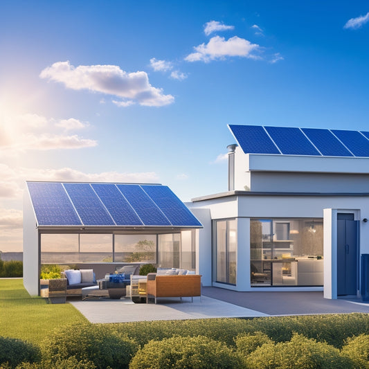 An illustration of a modern home with a rooftop solar panel array, a sleek battery storage unit in the garage, and a few interconnected wires and monitoring devices, set against a sunny blue sky.