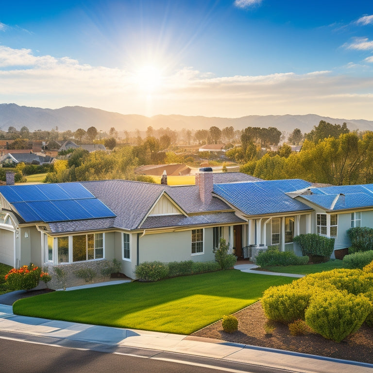 A serene, sun-kissed California suburban landscape with a few houses, solar panels on rooftops, and a subtle California state flag waving gently in the background, symbolizing eco-friendly living and savings.