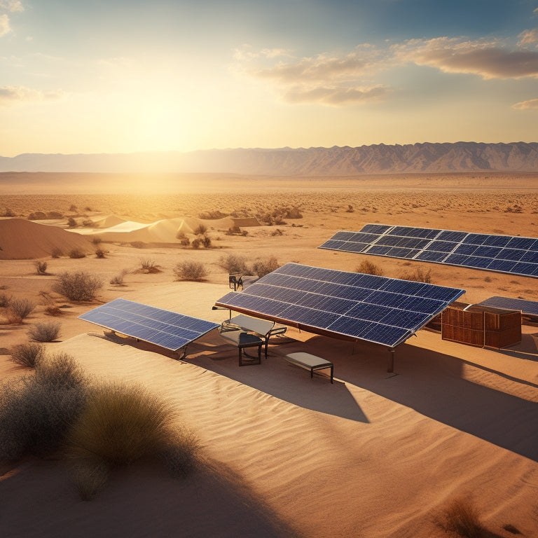 A photorealistic illustration of a sun-scorched desert landscape with several solar panels of different brands and models installed on rooftops, angled to maximize energy absorption.