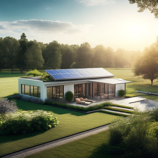 A serene landscape with a modern house in the center, surrounded by lush greenery, featuring a sleek solar panel installation on its roof, with a subtle sun shining in the background.