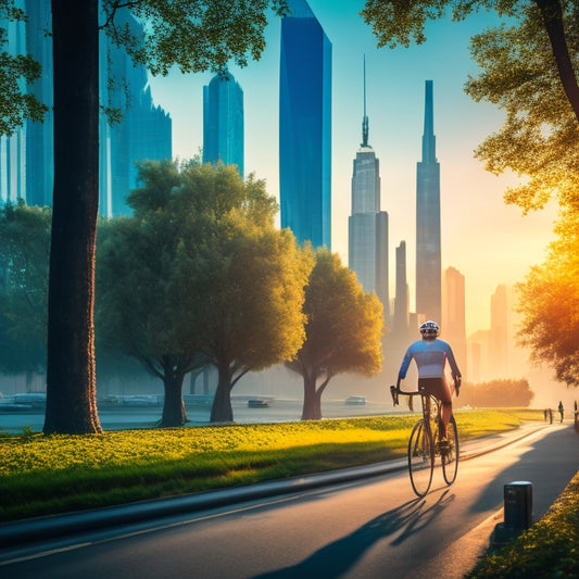 A serene cityscape at dawn: a cyclist pedals a sleek, eco-friendly bicycle along a tree-lined bike lane, surrounded by modern skyscrapers and a faint, pollution-free blue sky with a few wispy clouds.