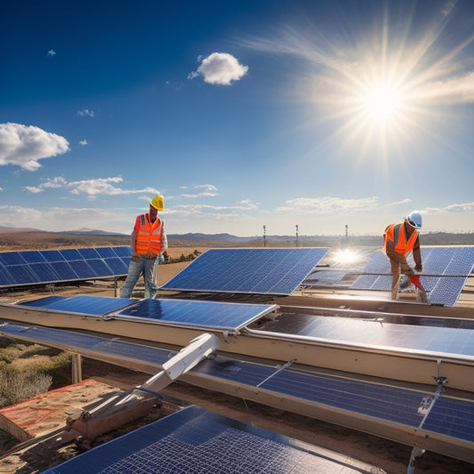 A sunny California landscape with a rooftop solar panel installation in progress, featuring a worker in a hard hat and vest, surrounded by panels, tools, and a ladder, set against a blue sky with fluffy white clouds.