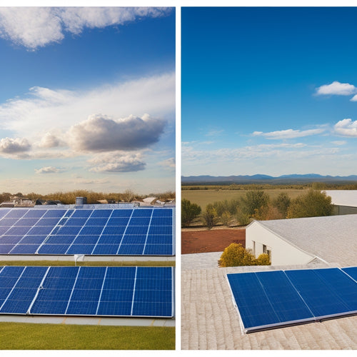 A split-screen illustration comparing two rooftop solar panel installations: one with trackers following the sun's path, and another with fixed panels, set against a bright blue sky with fluffy white clouds.