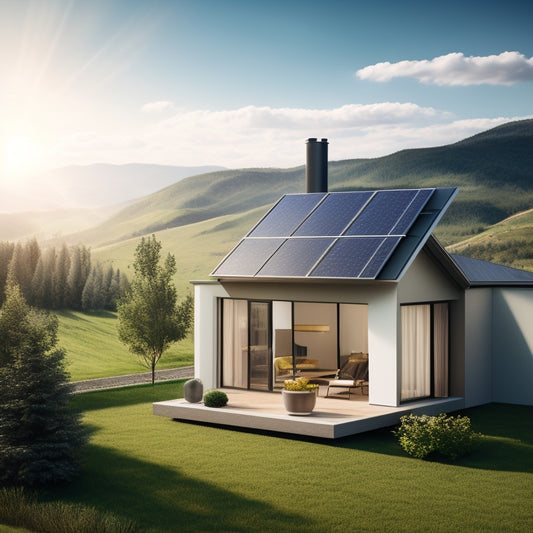 A modern, sleek home exterior with a solar panel array on the roof, a large battery storage unit visible through a window, and a subtle background with rising green hills and a sunny sky.