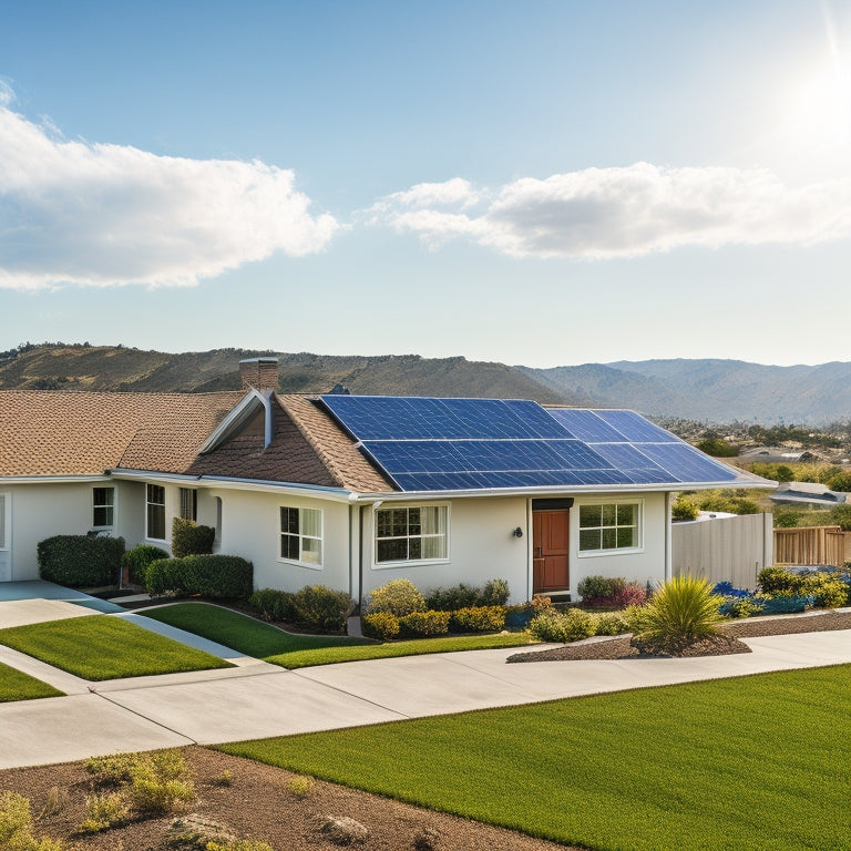 A serene California suburban landscape with a modern single-story house, solar panels installed on the roof, and a bright blue sky with a few white, puffy clouds.