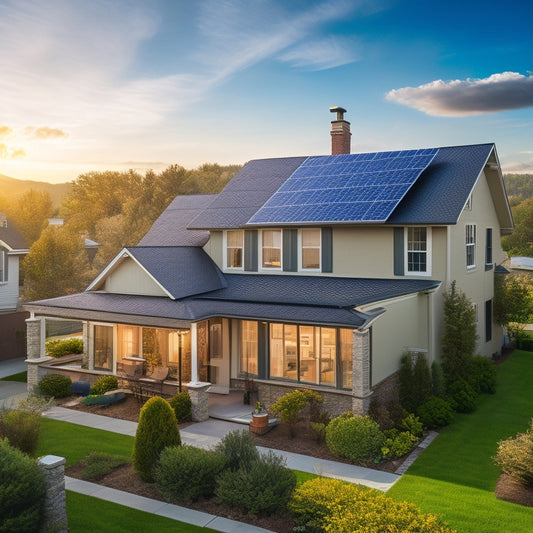A sunny suburban home with a mix of traditional and modern rooftops, showcasing various solar panel brands and models, with a subtle cityscape in the background.