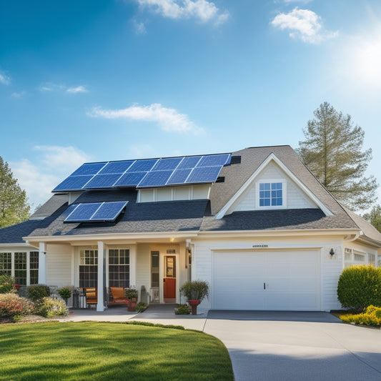 A serene suburban home with solar panels installed on the roof, a battery backup unit visible in the garage, and a sunny day with a few fluffy white clouds in the blue sky.