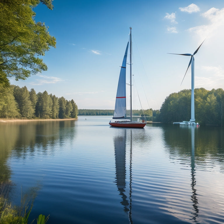 A serene lake scene with a sailboat in the distance, solar panels on its deck, and a wind turbine installed on the dock, surrounded by lush greenery and a bright blue sky.